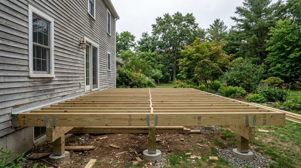 Open deck framing with joists, joist hangers and concrete footings beside an older New England house, ready for a framing inspection