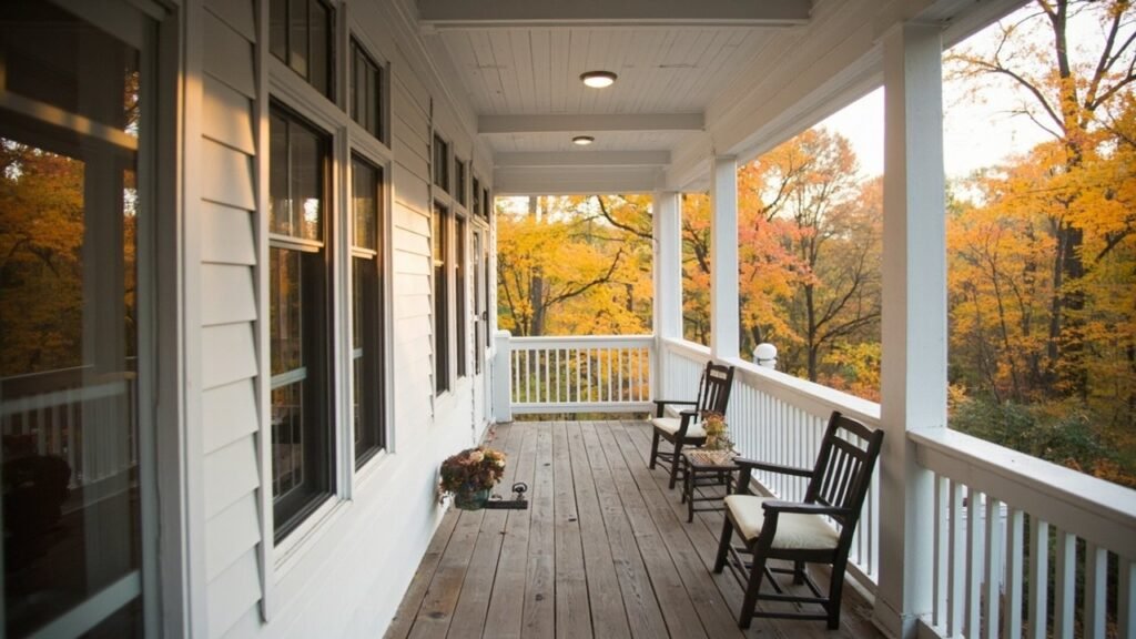 Screened back porch on a New England colonial home surrounded by autumn maple trees